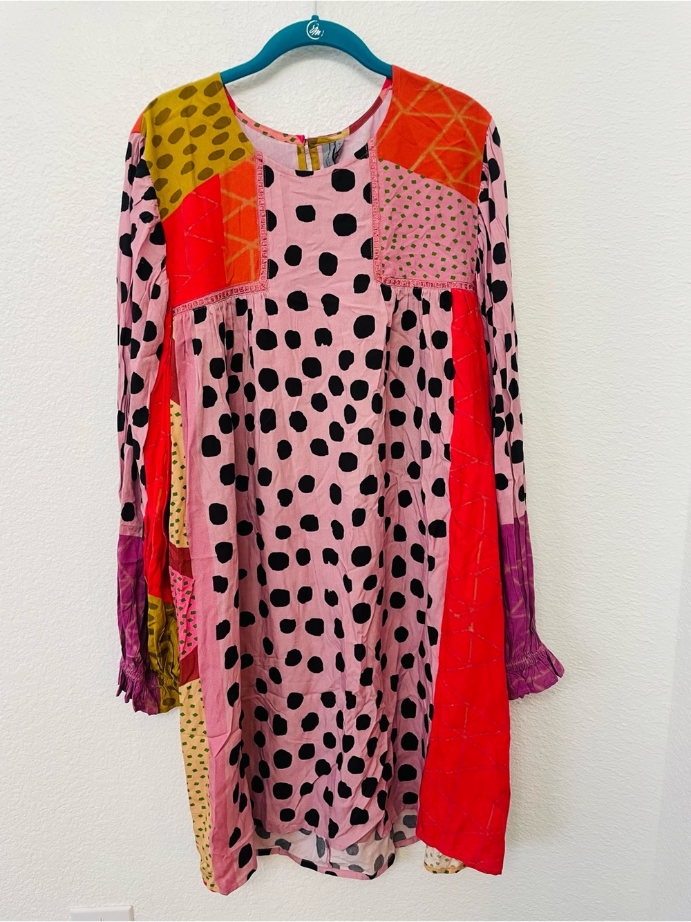 Pink Polka Dot Patchwork Long Sleeve Casual Dress
